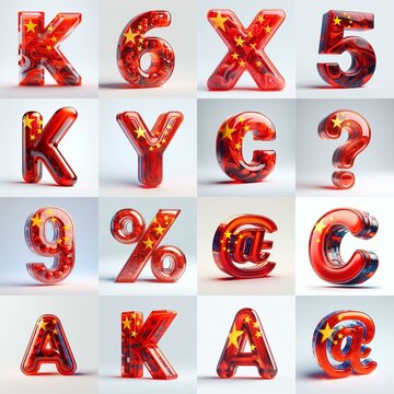 Glass letters shape in colors China flag 3D Lettering Typeface. AI generated illustration
