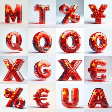 Glass letters shape in colors China flag 3D Lettering Typeface. AI generated illustration