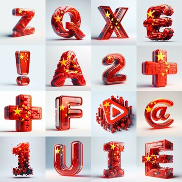 Glass letters shape in colors China flag 3D Lettering Typeface. AI generated illustration