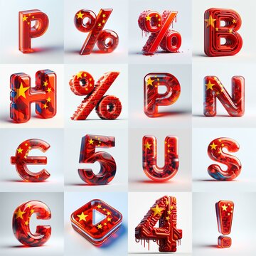 Glass letters shape in colors China flag 3D Lettering Typeface. AI generated illustration