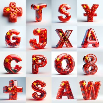 Glass letters shape in colors China flag 3D Lettering Typeface. AI generated illustration