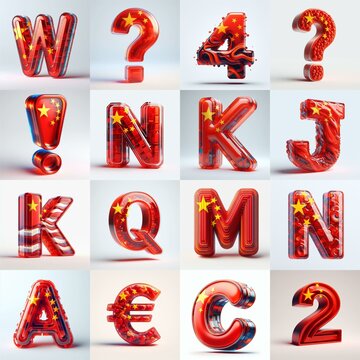 Glass letters shape in colors China flag 3D Lettering Typeface. AI generated illustration