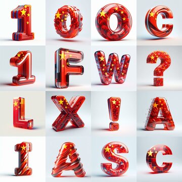 Glass letters shape in colors China flag 3D Lettering Typeface. AI generated illustration