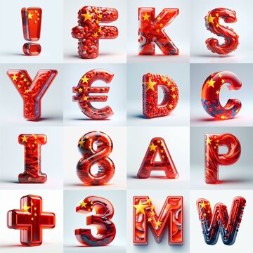 Glass letters shape in colors China flag 3D Lettering Typeface. AI generated illustration