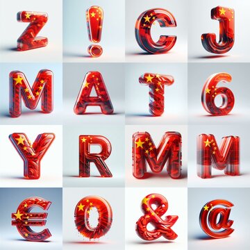 Glass letters shape in colors China flag 3D Lettering Typeface. AI generated illustration