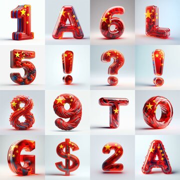 Glass letters shape in colors China flag 3D Lettering Typeface. AI generated illustration