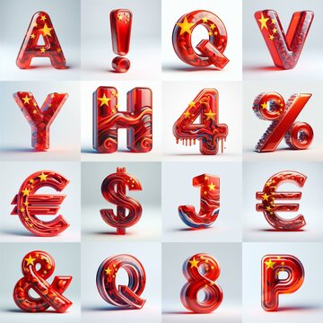 Glass letters shape in colors China flag 3D Lettering Typeface. AI generated illustration