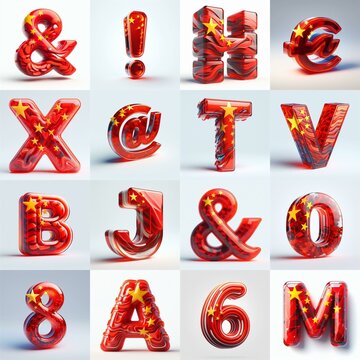 Glass letters shape in colors China flag 3D Lettering Typeface. AI generated illustration