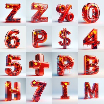 Glass letters shape in colors China flag 3D Lettering Typeface. AI generated illustration