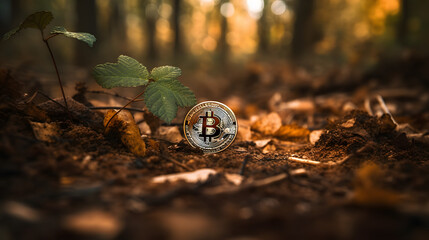 a piece of bitcoin with leaves sprouting on top of the dirt