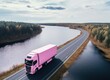 Pink Truck Driving Along a Scenic Lakeside Road Flanked by Blossoming Cherry Trees