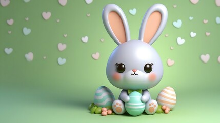 Poster - 3d cute easter bunny with eggs on green background -copy text