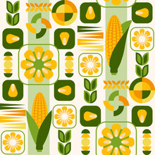 Seamless Pattern With Icons Of Corn Cob, Corn Grains, Abstract Geometric Shapes On White Background. For Branding, Decoration Of Food Package, Decorative Print For Kitchen