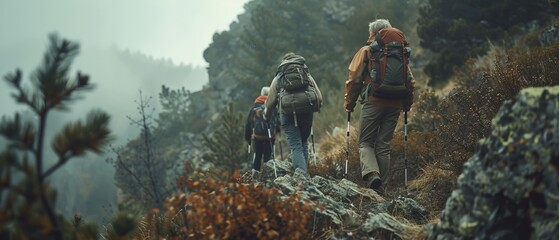 group of active seniors hiking up a rugged mountain trail