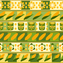 Seamless Striped Pattern With Icons Of Corn Cob, Corn Grains, Canned Corn, Abstract Geometric Shapes On Square Grid Background. For Branding, Decoration Of Food Package, Decorative Print For Kitchen