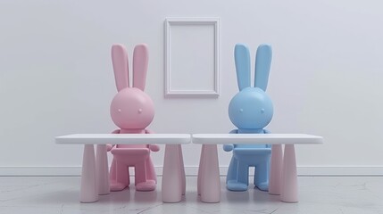 Poster - a couple of rabbits sitting at a table with a mirror on the wall in the back ground of the room.