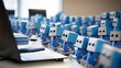 © Login - A group of robots working at laptops. Artificial intelligence automates customer service. A futuristic worker. Selective focus. Illustration for advertising, marketing or presentation.