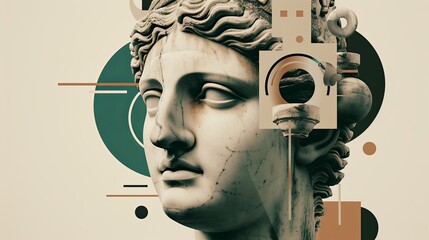 Wall Mural - Contemporary Art. Geometric composition with Greek sculpture and geometric objects. Sculptural female head in antique (Greek, Roman) style. Beauty in stone. Illustration for varied design.