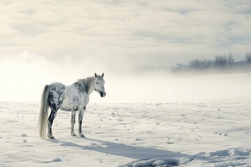 Wall Mural - White horse standing in snowy field under cloudy sky