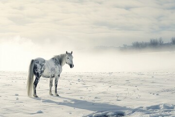 Canvas Print - White horse standing in snowy field under cloudy sky