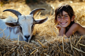 Wall Mural - The young girl smiles next to a goat in the grassy hay, bathed in soft light