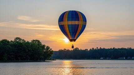 Wall Mural - a hot air balloon flying over a body of water with the sun setting in the background and trees in the foreground.