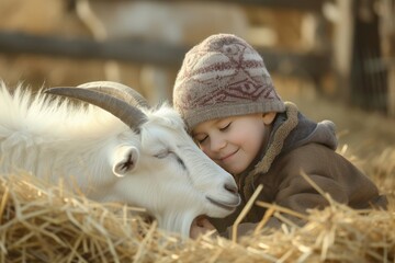 Poster - A fawn cap smiles petting a happy goat in grassy hay pile