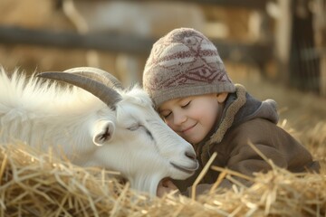 Wall Mural - A fawn cap smiles petting a happy goat in grassy hay pile