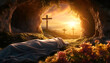 The empty tomb of the crucifixion of Jesus. Easter or resurrection motif.