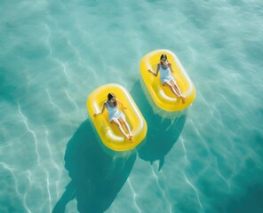 Two women floating on inflatable rafts in the ocean.