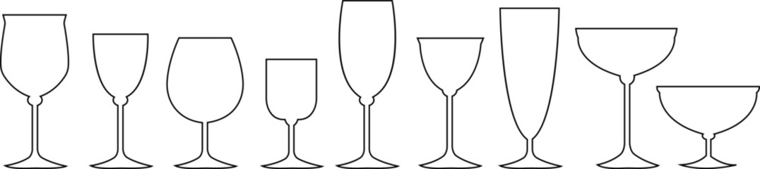 Wine glasses icons set simple symbol of bar, restaurant. isolated on transparent background. Various wine glassline vector black silhouette collection for mobile concept and web design.