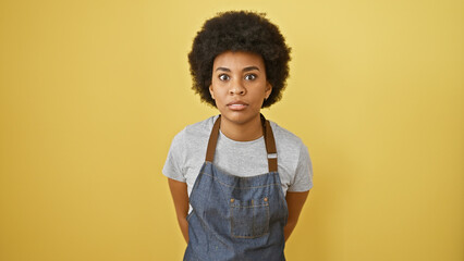 Portrait of an adult african american woman with curly hair wearing an apron against a yellow background.