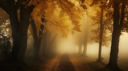 Wall Mural - a foggy road surrounded by trees with yellow trees and ground in the foreground.