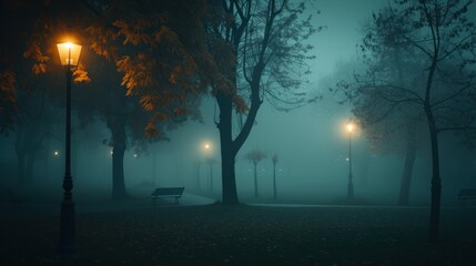 Poster - a foggy park at night with a bench and lampposts foreground and trees background.