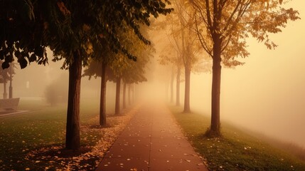 Poster - a foggy path in a park with benches and trees on both sides and a bench on the other side.