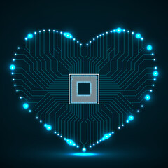 Wall Mural - Abstract neon circuit board in shape of heart, technology background, vector illustration