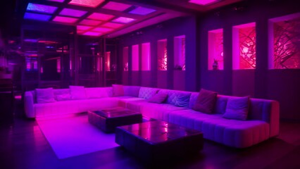 Sticker - Interior of modern living room with colorful lighting, 3d render, A decorated night club with stylish couches and colorful cocktail tables, AI Generated