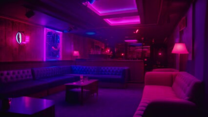 Poster - Interior of a night club with bright lights. Night club. A decorated night club with stylish couches and colorful cocktail tables, AI Generated