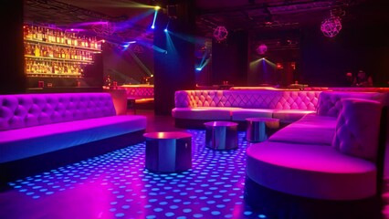 Poster - colorful interior of bright and beautiful night club with dark seats and glowing lights, A decorated night club with stylish couches and colorful cocktail tables, AI Generated