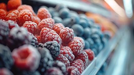 Wall Mural - Fruits and berry frozen on supermarket showcase. Background concept