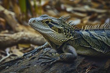 Green iguana close up in a forest