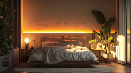 A tastefully decorated bedroom with a platform bed, nightstands, and ambient bedside lighting