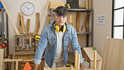 Poster - Serious-faced young hispanic man, a professional carpenter, wearing headphones and glasses craftily working in his indoor carpentry workshop