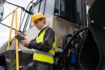 Poster - Engineer with tablet computer stands on the stairs to the cab of a truck..