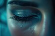 Sad woman concept - closed eyelid closeup with a teardrop on eyelashes. 
