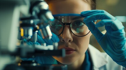 Aufkleber - Focused female scientist examining samples through a microscope in lab. professional researcher at work. science, discovery, and innovation concept. AI