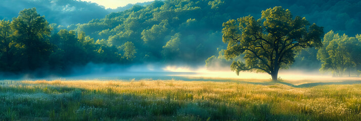 Wall Mural - foggy meadow. enchanting sunrise