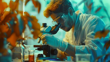 Aufkleber - Focused scientist using microscope in laboratory. male researcher in lab coat. modern scientific research. cutting-edge laboratory equipment. AI