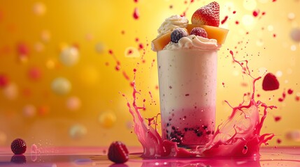 Wall Mural - Milkshake yogurt with fruit berry splash juicy. Background concept