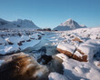 Waterfall in winter on the River Etive and a snow bank at in Glencoe in the Scottish Highlands. High quality photo